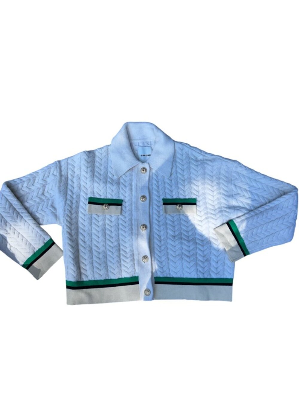 Sandro France white tennis tannebaums herringbone knit cardigan sweater 1 S